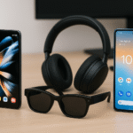 A futuristic digital collage showing cutting-edge gadgets launched in April 2025, including smartphones, wearables, AR glasses, and a drone.