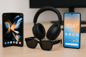 A futuristic digital collage showing cutting-edge gadgets launched in April 2025, including smartphones, wearables, AR glasses, and a drone.