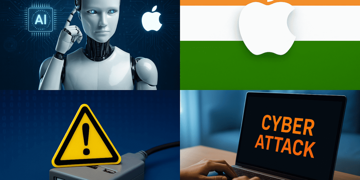 Collage showing AI innovation, Apple’s manufacturing move to India, USB hub safety warning, and cyberattack alert on laptop.