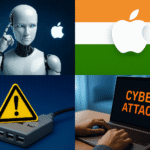 Collage showing AI innovation, Apple’s manufacturing move to India, USB hub safety warning, and cyberattack alert on laptop.