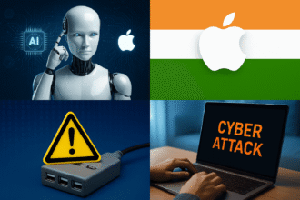 Collage showing AI innovation, Apple’s manufacturing move to India, USB hub safety warning, and cyberattack alert on laptop.