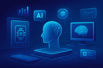 Futuristic digital illustration showing artificial intelligence tools and technology in 2025