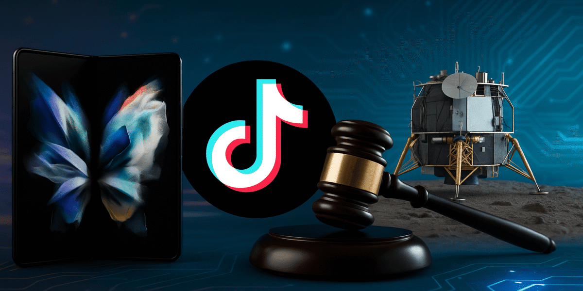 Top Tech News Today – EasyTechDigest visual collage featuring foldable phone, TikTok court ruling, AI chip, and lunar lander